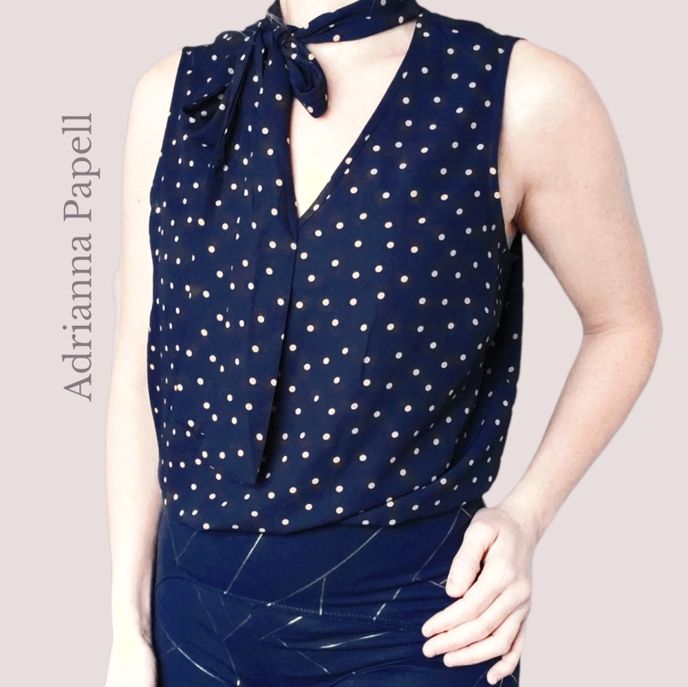 Adrianna Papell Sleeveless Polka Dot Tie Neck Blouse - Picture 7 of 15